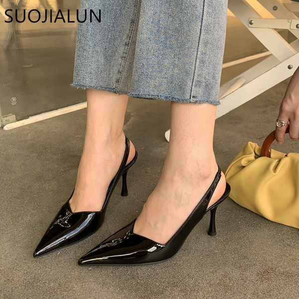 

sandals suojialun spring women sandal fashion pointed toe shallow slip on slingback shoes thin high heel dress pumps 230224, Black