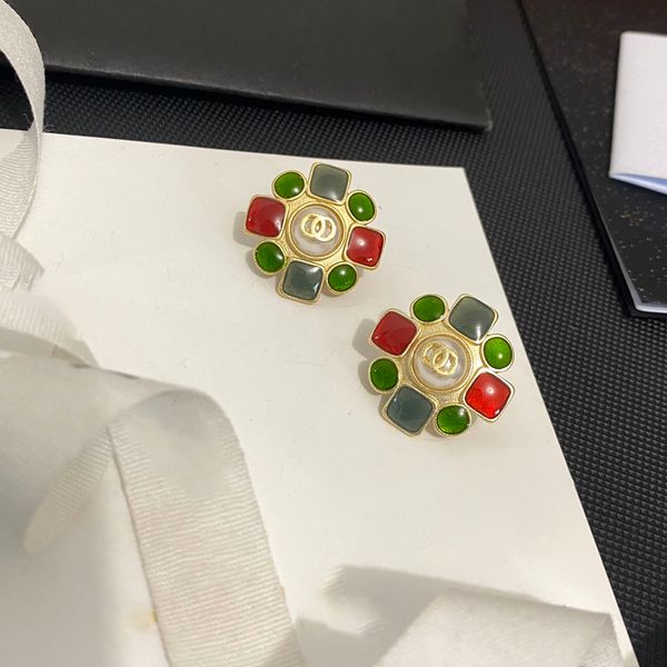 

2023 luxury designer charm 6 large gemstones small pearl earring jewelry, Golden