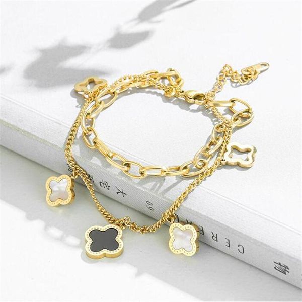 

classic design multilayered clover charm bracelet lucky stainless steel four leaf jewelry273y, Golden;silver