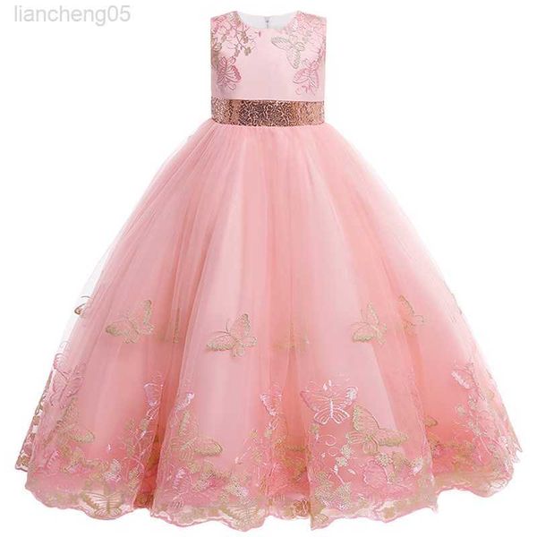 

girl's dresses 2022 new children's dress princess girl butterfly lace embroidered flower long dress christmas ball party beaded ja, Red;yellow