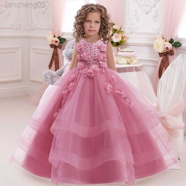 

girl's dresses children's beaded flower princess dress girls' fashion multi-layer gauze fluffy dress banquet party performanc, Red;yellow