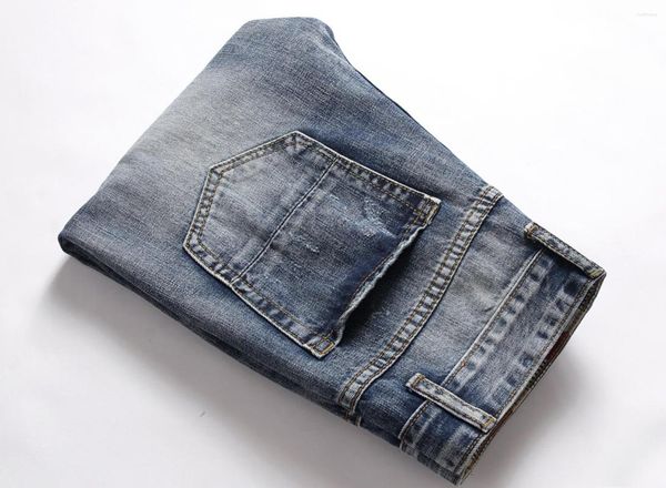 

men's jeans high street men's skinny ripped blue pencil pants motorcycle party casual trousers beggar patch fashion clothing 2023