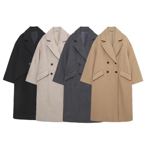 

women's jackets autumn and winter double breasted loose coat solid long sleeve jacket 230223, Black;brown