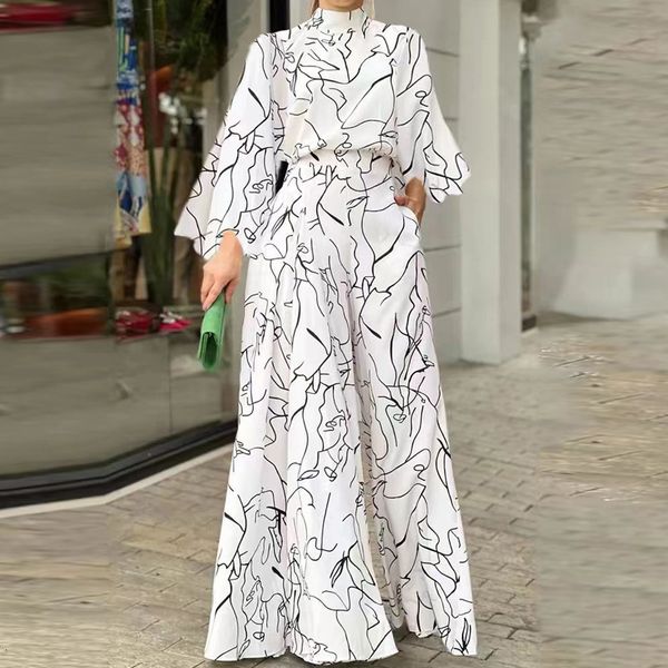 

women's jumpsuits rompers autumn winter abstract print romper elegant women high street loose jumpsuit ladies fashion pocket wide-leg p, Black;white