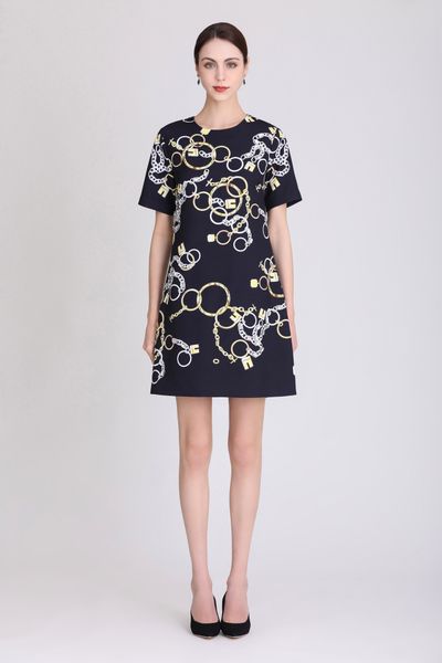 

casual dress dress spring and summer short sleeve loose fashion round neck chain print handmade beaded dress one color four size s  l xl, Black;gray