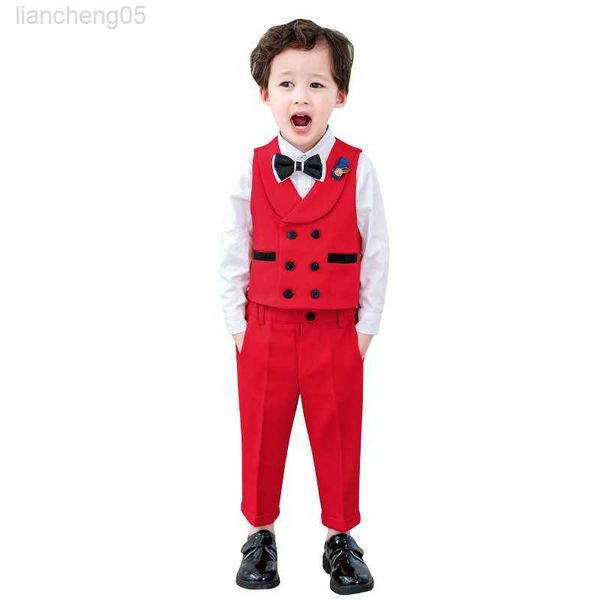 

clothing sets children's double breated vest suit set boys autumn winter performance host wedding dress kids waistcoat pants bowtie clo, White