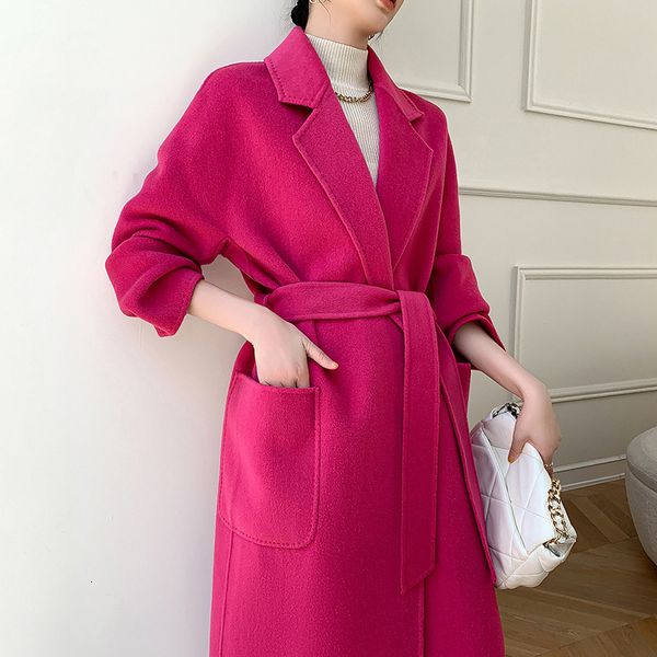 

women's jackets woolen coat autumn winter doublesided big pocket overknee long cloak solid color windbreaker 230223, Black;brown