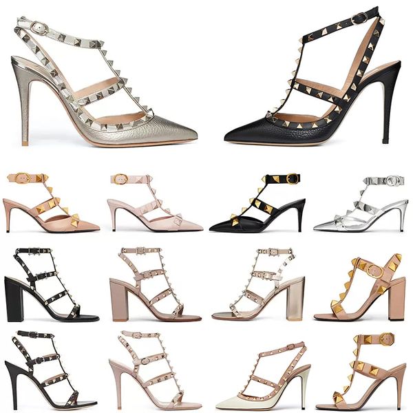 

2023 designer running shoes threaded pump high heels new lady pointed leather rivets gold black rose silver powder ladies wedding party sand