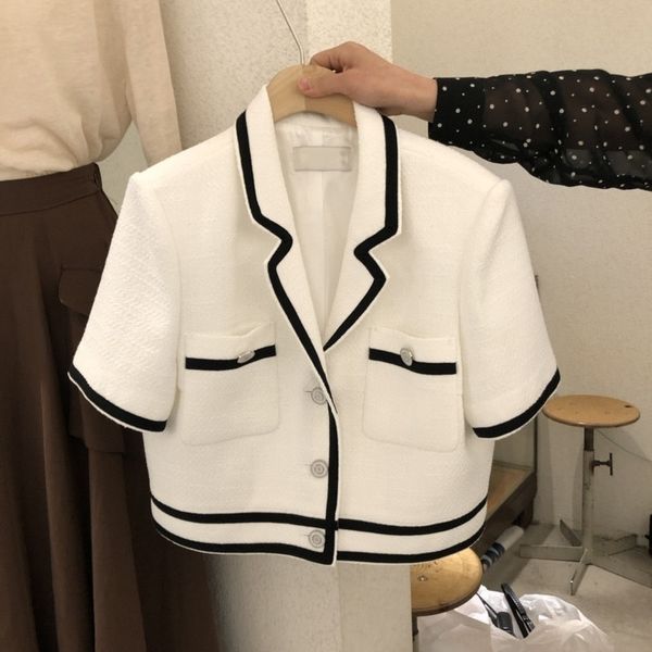 

womens jackets temperament korean t white short sleeve jacket crop fashion summer slim black suits woolen cardigan 230223, Black;brown