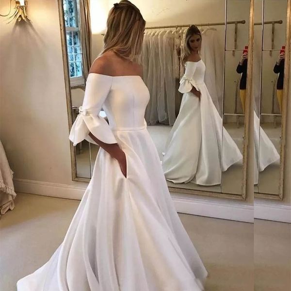 

simple 1/2 sleeve satin wedding dress chapel train juliet wedding dress off shoulder bridal gowns, White