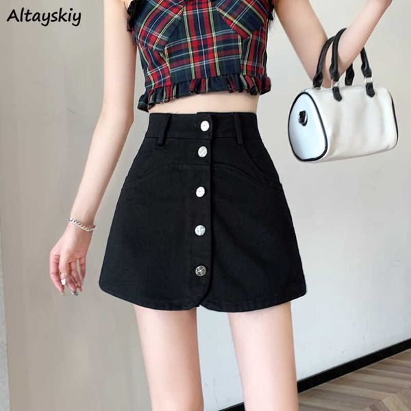 

skirts mini skirts women trendy basic high waist a-line simple solid korean style denim faldas all-match streetwear femme summer l230224, Black