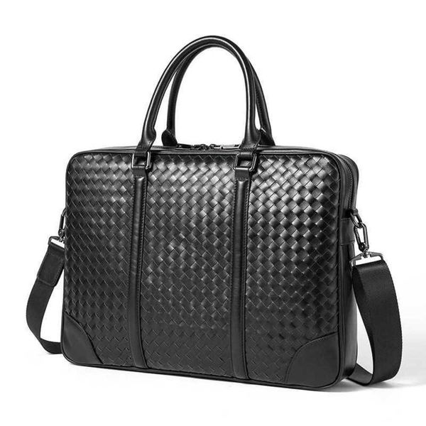 

briefcases layer cow leather horizontal portable briefcase business commuting computer file bag hand woven shoulder 230223