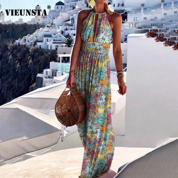 

casual dresses summer boho floral print long party women elegant halter sleeveless maxi spring backless hollow out 2xl 230224, Black;gray