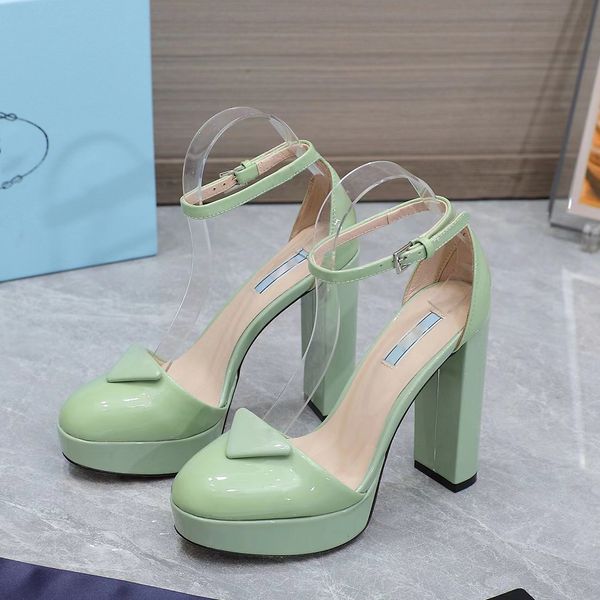 

designer dress shoes women high heeled wedding shoe classic triangular metal decorative patent leather 12.5cm thick heel ankle buckle fashio, Black