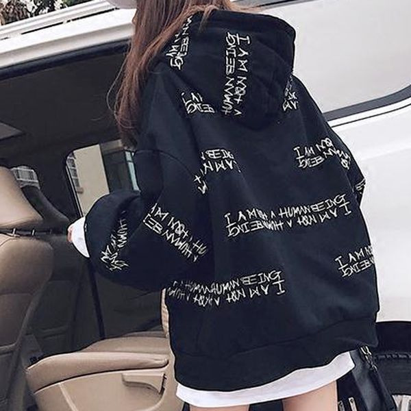 

womens hoodies sweatshirts qweek harajuku korean fashion style letter print women streetwear long sleeve hooded sweatshirt white pullover 2, Black