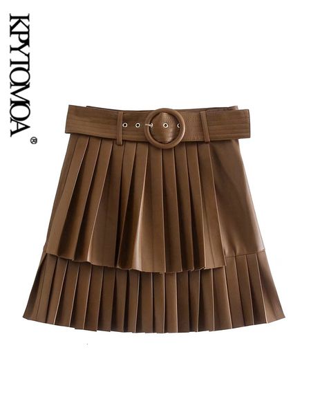 

skirts kpytomoa women fashion with belt faux leather pleated mini skirt vintage high waist side zipper female mujer 230224, Black