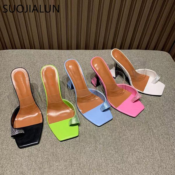 

slippers suojialun 2023 summer brand women slipper fashion thin high heel crystal ladies sandal shoes peep toe slip on dress slides 230224, Black