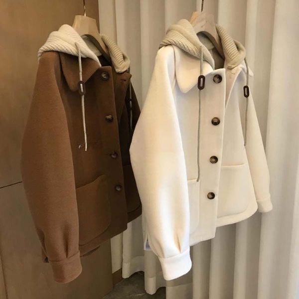 

women's jackets warm single breasted wool pea coat trench jacket with knitted hood casual style woolen s 230223, Black;brown