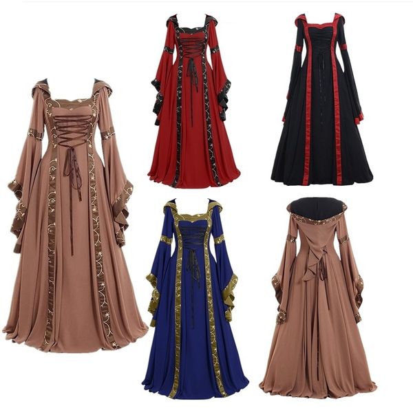 

new square neck tie plus size women's vintage dress flare sleeve swing dress medieval hooded dress arabic dresses, White;black