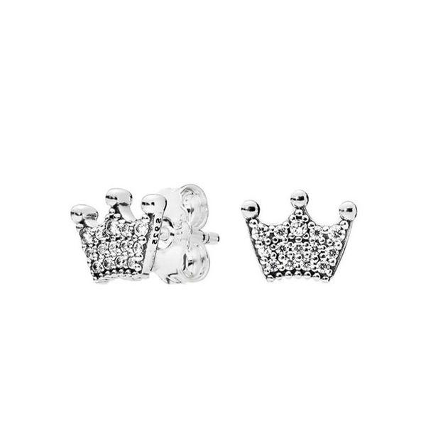 

real sterling silver crown stud earrings for pandora cz diamond wedding party designer jewelry for women girlfriend gift cute earring set wi, Golden;silver