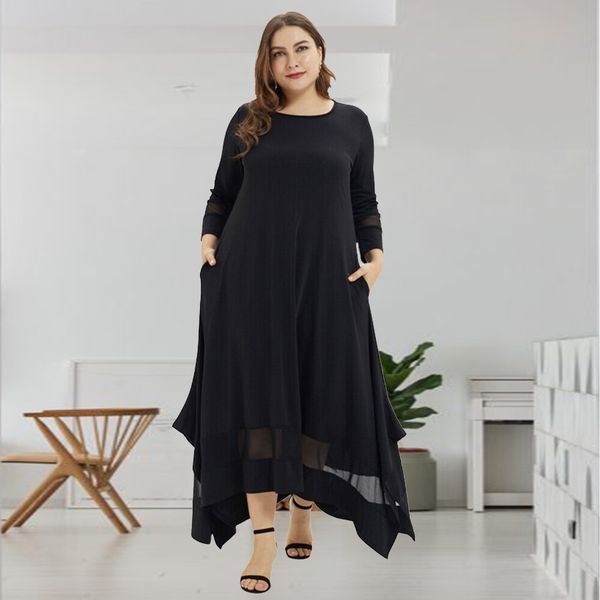 

plus size dresses women fashion solid size maxi dress o neckline perspective long sleeve loose black 230224