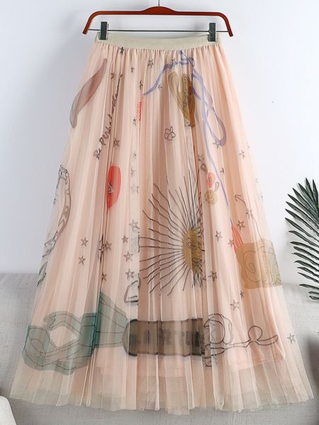 

skirts tigena 90cm maxi tulle skirt women korean style fashion beautiful print a line high waist pleated long skirt female pink black 230224