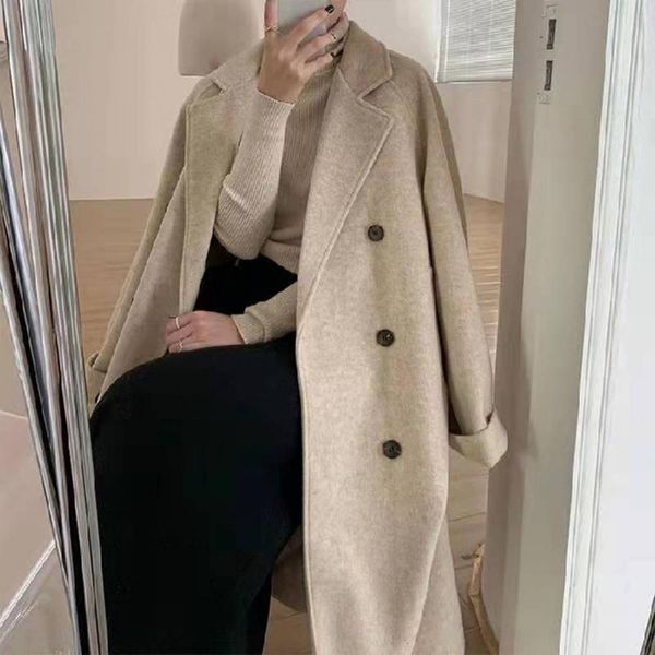 

women's jackets trendy women woolen coat elegant office lady turndown collar windproof pockets trench overcoat coldproof 230223, Black;brown