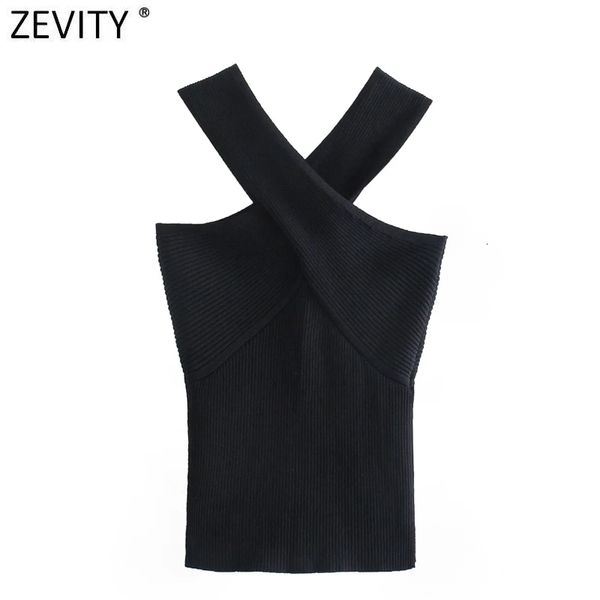 

women s tanks camis zevity women chic cross strap black knitting tank high street ladies summer slim crop sw835 230223, White