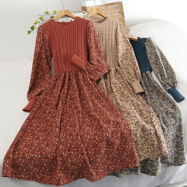 

casual dresses womens knitted autumn winter long sleeve corduroy floral female elegant sweater aline veatidos belt 230224, Black;gray