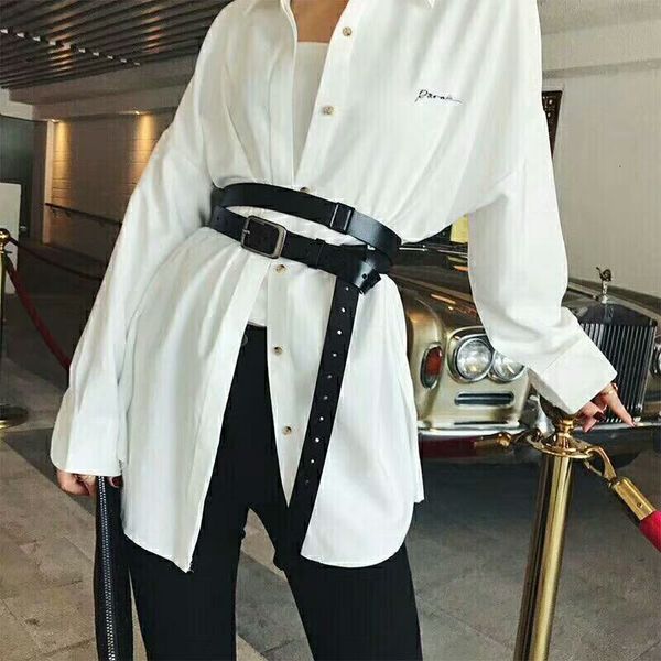 

waist chain belts european and american fashion genuine leather personality wide black tie in shirt long straps 230223
