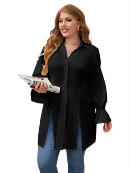 

women's plus size t-shirt plus size elegant spring autumn long sleeve blouse women black casual button front slit shirt large size offi
