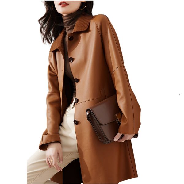

women s leather faux coat spring autumn mid length trench genuine ol fashion sheepskin jacket lapel collar belt 230223, Black