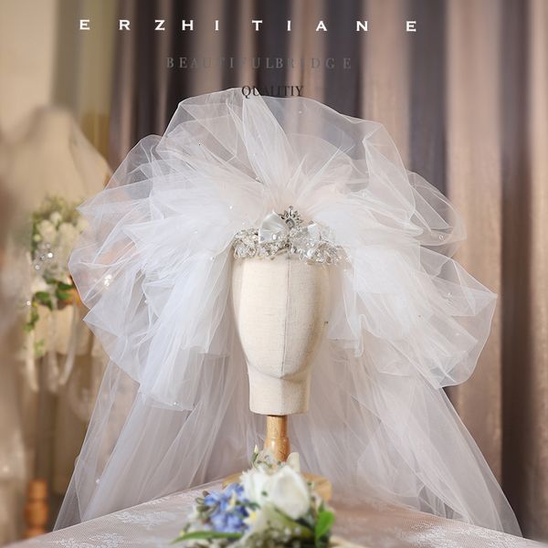 

wedding hair jewelry white double layer exaggerated thin elbow long veil bridal wedding dress accessories chapel 230224, Slivery;golden