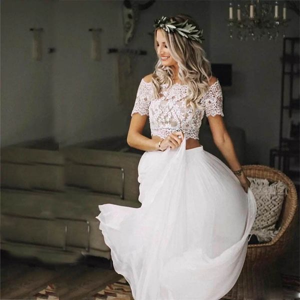

two pieces wedding dress with off shoulder lace a line wedding dresses short sleeve fat bridal gowns, White