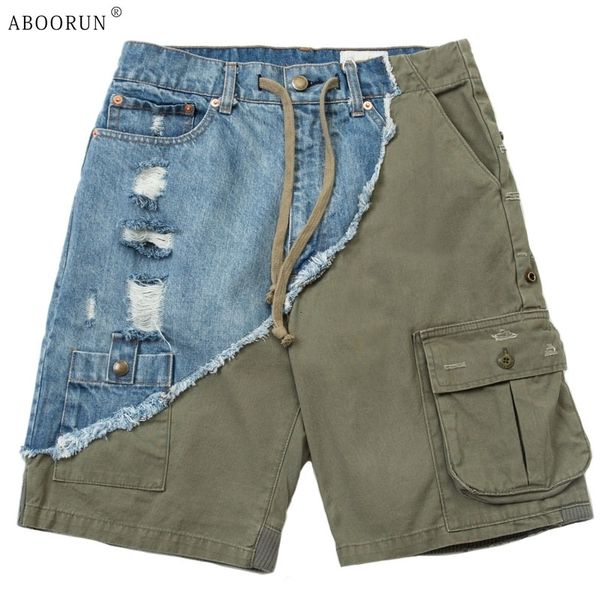 

men's shorts aboorun hi street denim patchwork summer multi pockets cargo jean for male 230223, White;black