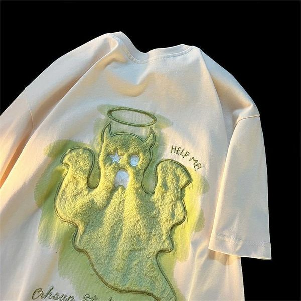 

womens tshirt funny ghost cartoon flocking embroidery oneck tshirts women springsummer fashion trend design sense niche y2k 230224, White