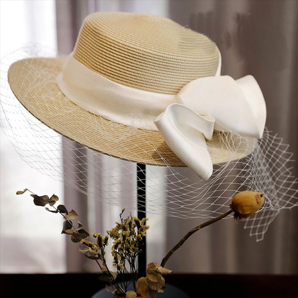 

wedding hair jewelry super fairy beige straw hat french retro veil bowknot pography tour po headwear 230224, Slivery;golden