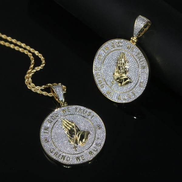 

new arrived hip hop pendant with full cz paved gold plated punk styles letter in god we trust charm with rope chain necklace for men boy pra, Silver