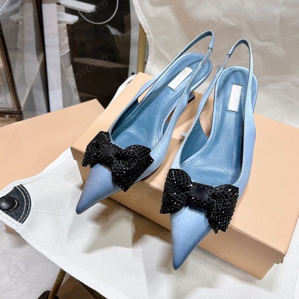 

ladies luxury dress miu shoes designer high heels satin silk pointed bow rhinestone black pink fashion party office career formal wedding sa