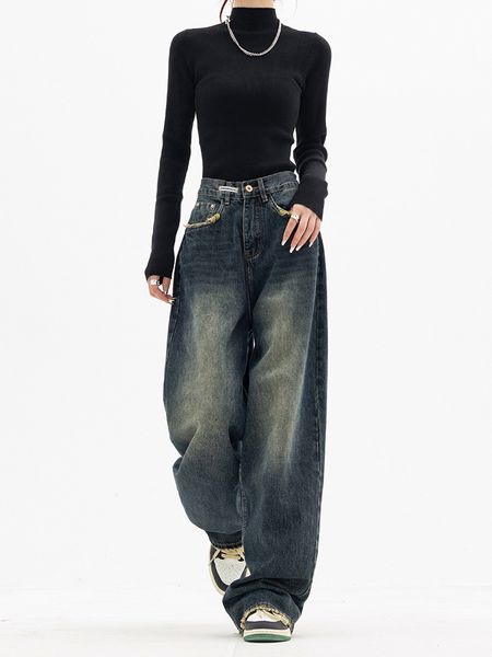 

women's jeans high waist harajuku vintage bf style streetwear all-match loose fashion femme wide leg denim trousers 230224, Blue
