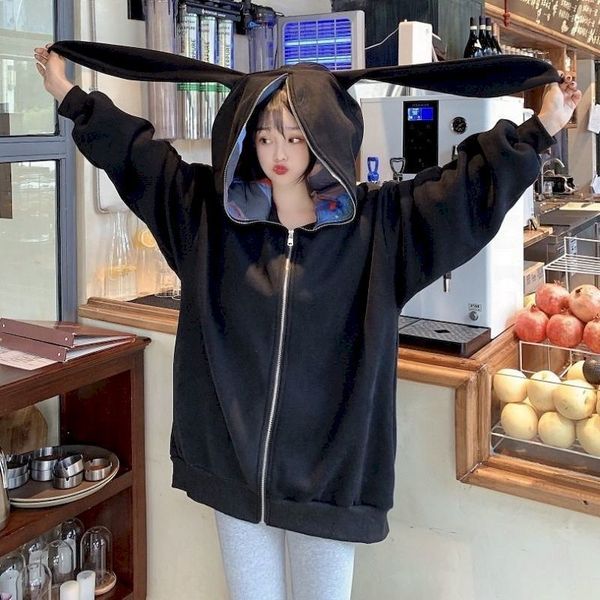 

womens hoodies sweatshirts plush thick women autumn winter cute rabbit ears zipper cardigan hooded jacket loose korean kawaii hoodie coat 23, Black