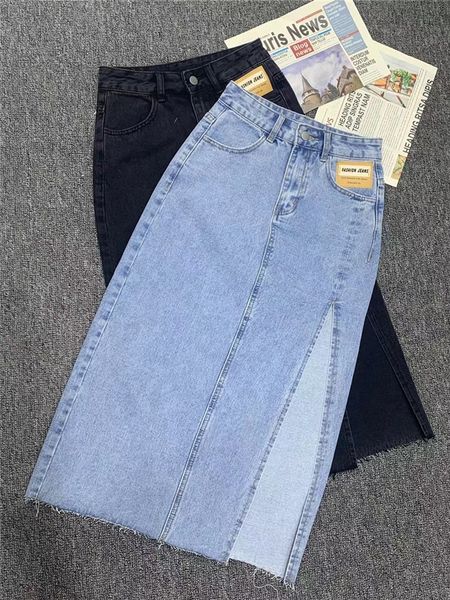 

skirts summer women's long denim wrap 2023 classic high wasit jeans straight side split a-line pencil female 230224, Black