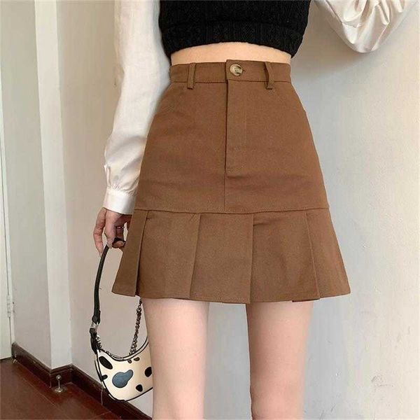 

skirts korean fashion brown short skirt vintage slim cute pleated skirts women preppy style button up high waist summer skirt l230224, Black