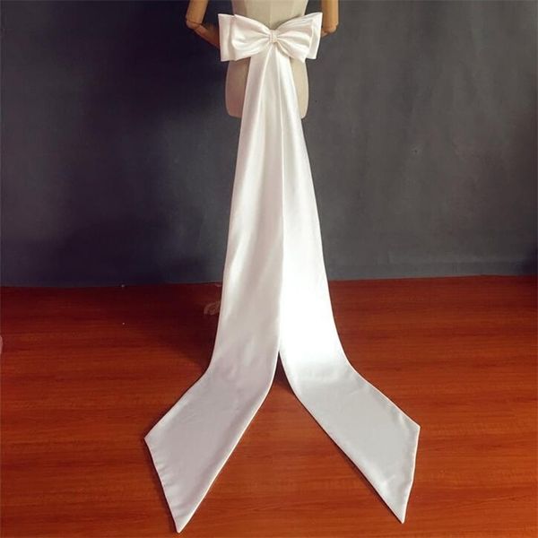 

waist chain belts white satin bowtie wedding with train detachable bridal belt ivory removable plus size ladies for dresses knots 230224
