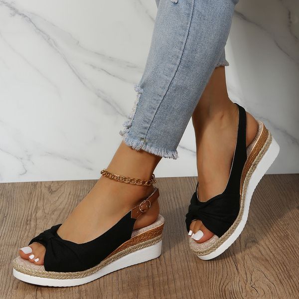 

sandals fashion buckle peep toe women wedges comfort lightweight high heels wear-resistant office wedding 230224, Black
