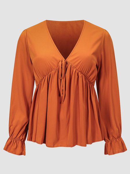 

women's plus size t-shirt finjani plus size solid v neck peplum blouse women print tie front flutter long sleeve puff sleeve 230224, Black