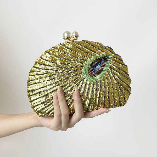 

2022 pearl hasp clutch bags sequins wedding shell bags single evening clutch bags peacock purse 4 colors drop shipping 230224