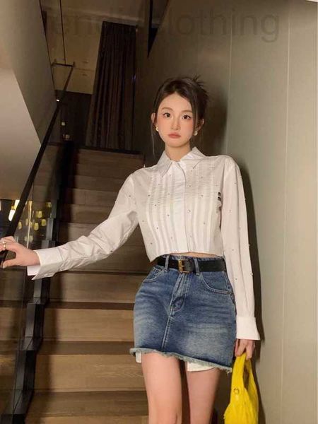 

women's blouses & shirts designer 23 early spring new letter embroidery diamond stripe pleated loose casual versatile lapel long-sleeve, White