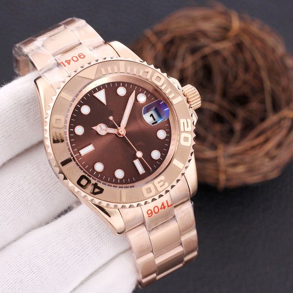 

40mm mens watch rose gold luxury watches automatic ceramic bezel asia2813 automatic yacht date watches sapphire glass men wristwatches, Slivery;brown