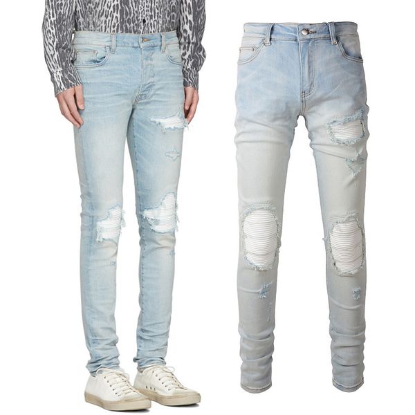

white patchwork denim jeans men's destroyed slim fit vintage wash, Blue